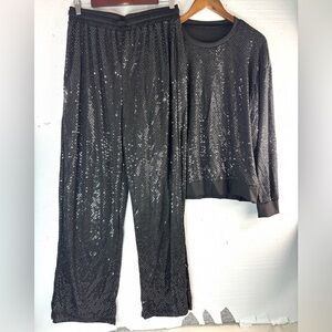 Whimseygoth L Chic Black Silver Sparkle Pocketed Jogging Wide Leg Pantsuit